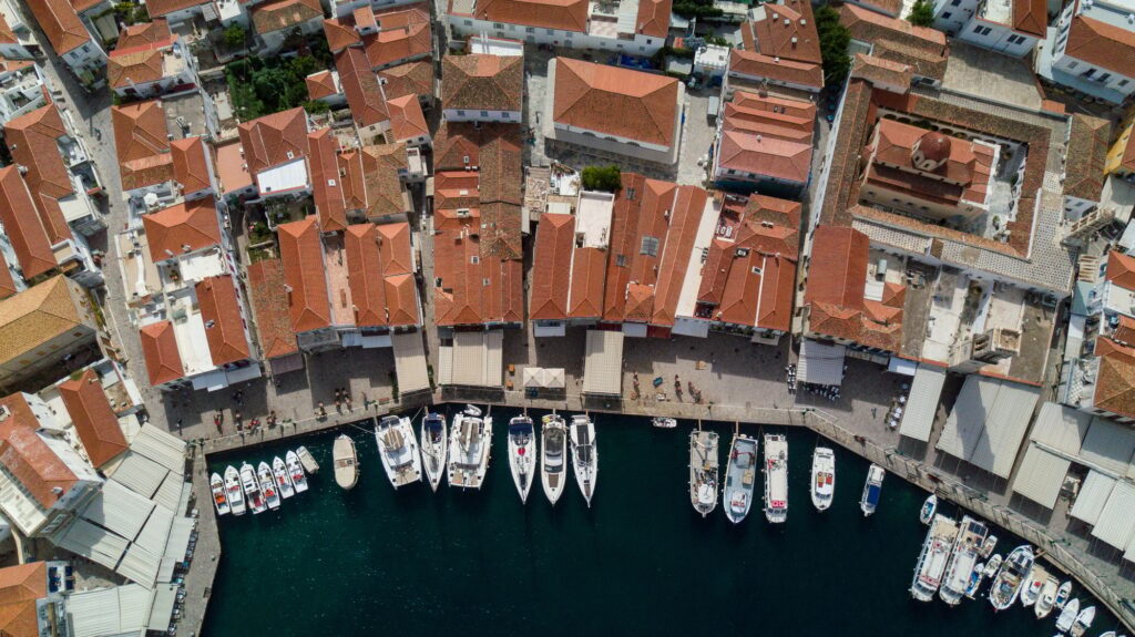Aerial shot of the port of Hydra island in Greece