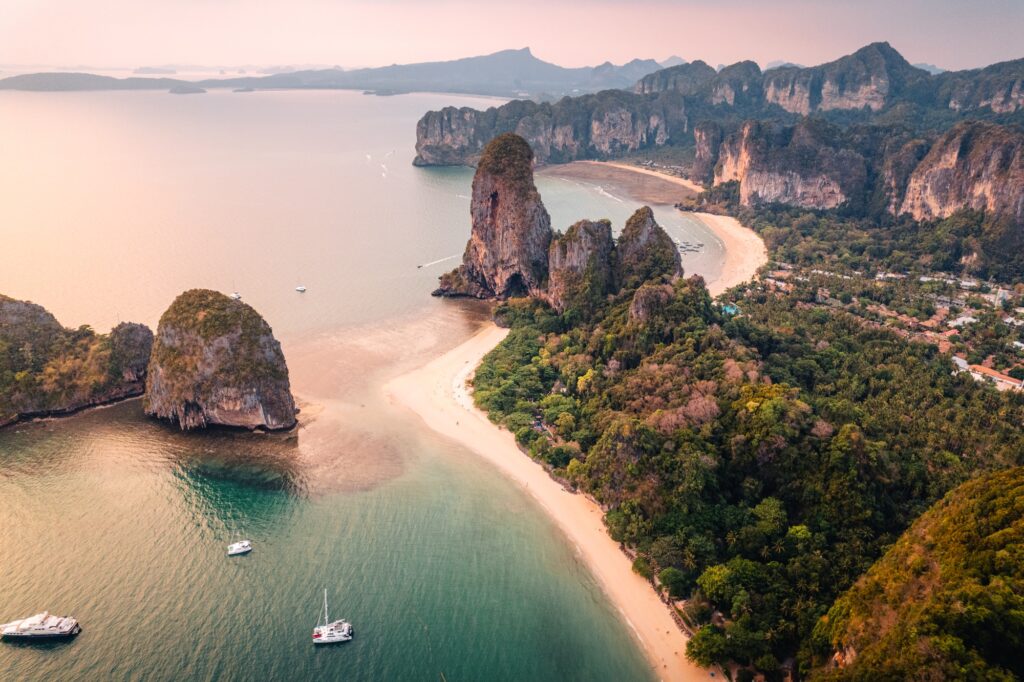 17 Extraordinary Places You Can’t Miss in Thailand 6 Aerial view of beach at sunset ,Railay beach, Krabi province