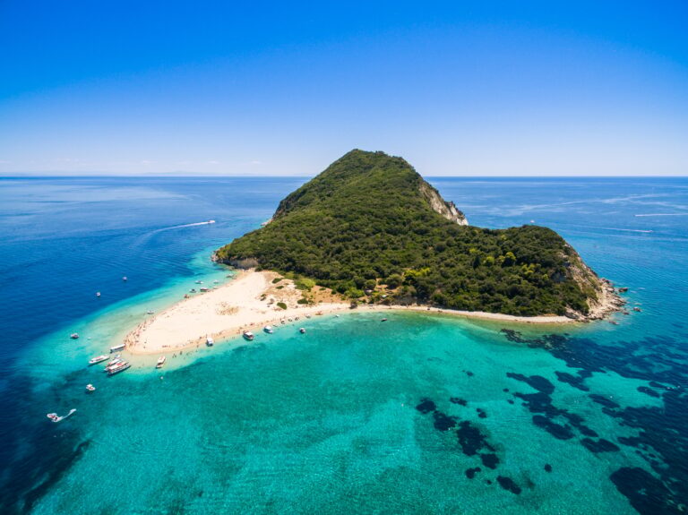 Aerial view of Marathonisi Island in Zakynthos (Zante) island, i