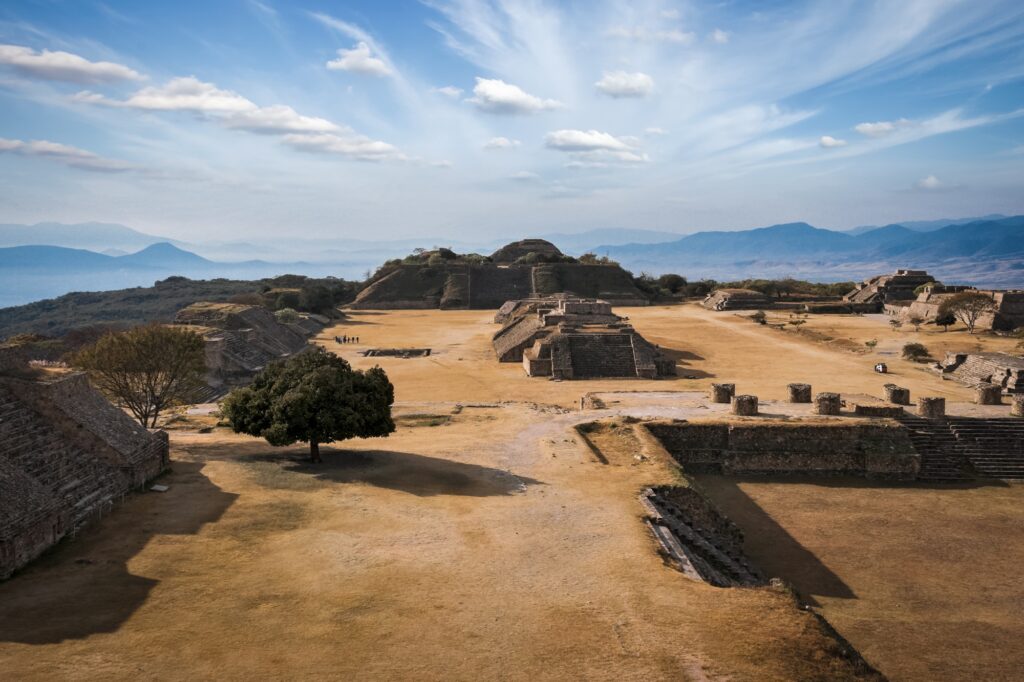 Ancient ruins on plateau Monte Alban in Mexico