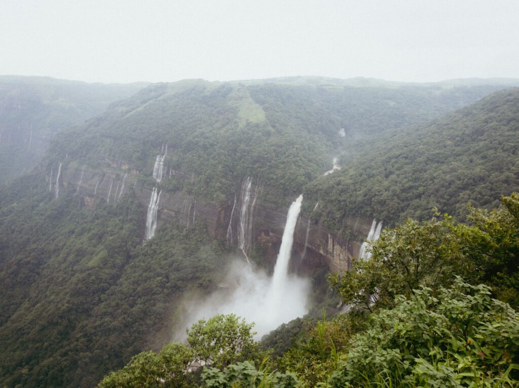 A large waterfall in the middle of a forest