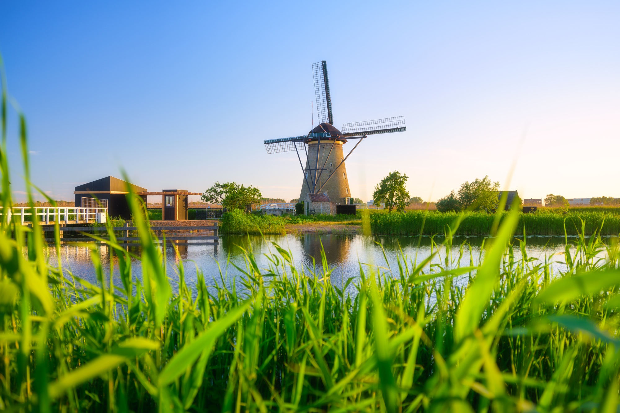 Kinderdijk National Park in the Netherlands. Windmills at the day time.