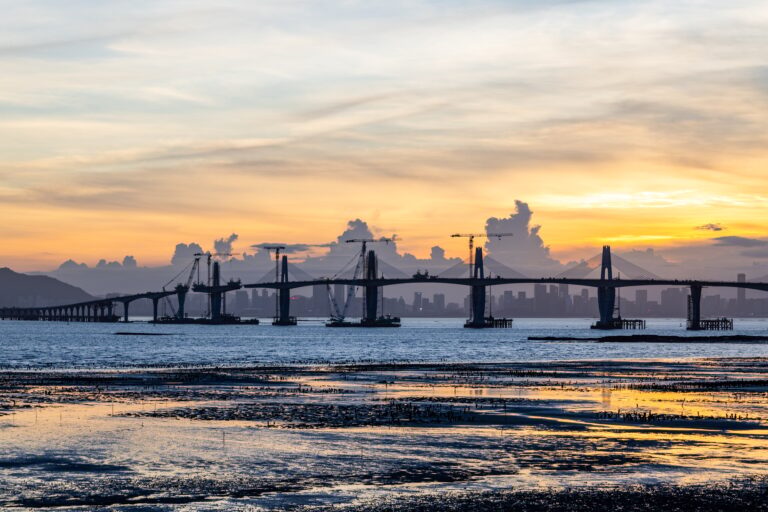 Kinmen Bridge under construction in Taiwan at sunset