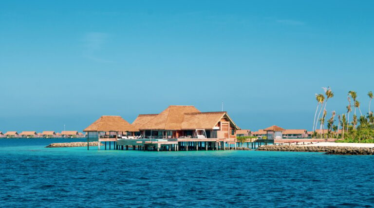 Luxurious resort on an island in the maldives.