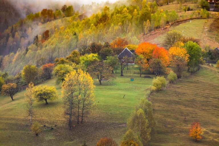 Moody autumn landscape in a rural Transylvanian village.