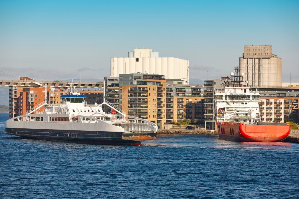 Norwegian ferries in Stavanger city harbor. Norway. Transportation background