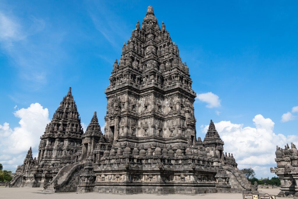 Prambanan temple (Candi Rara Jonggrang) is an hindu temple compound with sunny and cloudy day in