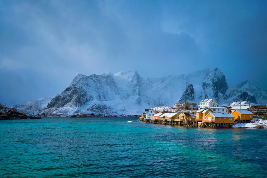 Yellow rorbu houses, Lofoten islands, Norway