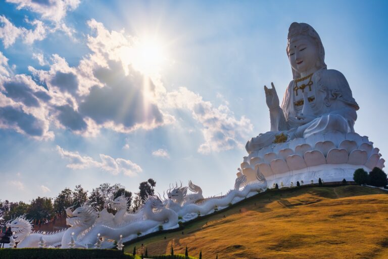 A big white statue of Guan Yin or Guan Yim at Wat Huay Pla Kang, Chiang Rai, Thailand