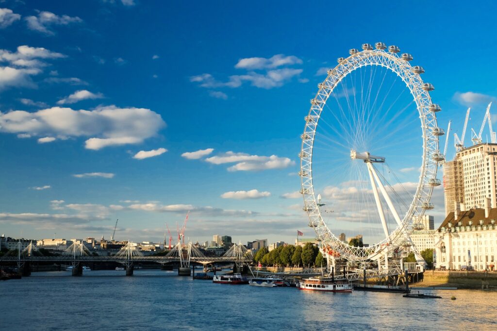 10 Enchanting Attractions to Experience in London 3 Beautiful iconic London Eye in front of Thames River during sunset.